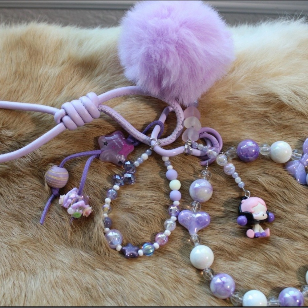 Purple and White Key & Card Holder Set with Decorative Charms